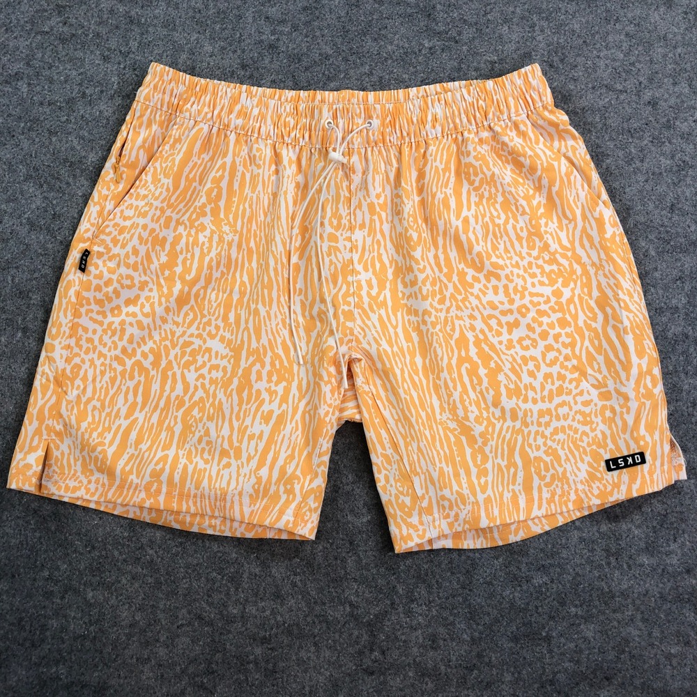 Lskd Mens Shorts L Orange Warm Apricot Abstract Animal Print Stretch Drawstring